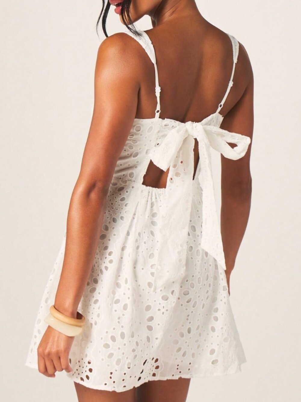 White Elegant Women's Embroidered Eyelet Mini Dress with Tie-Back Square Neck - Picture 2 of 4